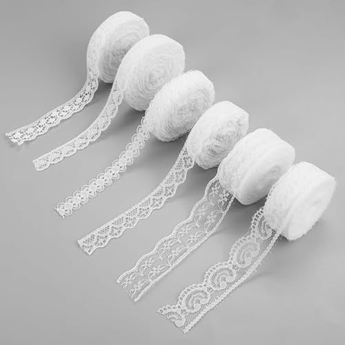 6 Rolls 60M Spitzenbordüre Spitzenband Weiss, Vintage Spitzenband, Spitze Zierband, Dekoband Zierband Spitzenborte für DIY Nähen Handwerk, Hochzeit, Dekoration, Scrapbooking, Geschenkbox Deko