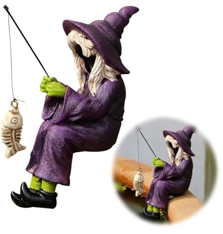 HyzaPhix Resin Witch Fishing Statue Miniature Halloween Figurines Micro Landscape Figure for Pond Desk Table Decor