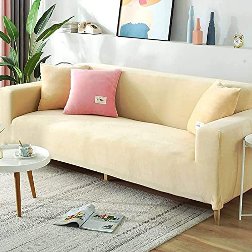 Luxuriöser Samt-Sofabezug für 3-Sitzer, weicher Plüsch-Sofaschutz, Stretch-Armlehne, Sofabezug, wasserabweisend, Möbelschutz, Beige, 190220 cm