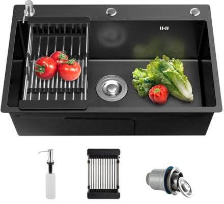 LIJIJUCN Fregadero de Cocina Negro de 1 Cuenco - Acero Inoxidable, 3 Agujeros, Drop In/Topmount, Estación de Trabajo Con Accesorios (50 x 45 cm)