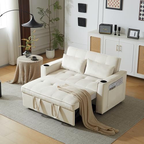 Ymkua Klappbares Schlafsofa mit Schlaffunktion, Sofa Eckcouch mit Rollbett, Bettsofa mit Stauraum und Getränkehalter, Loungesofa mit Kissen für Wohnzimmer, Schlafzimmer, Velvet, 137x76.5x83 cm (Beige)