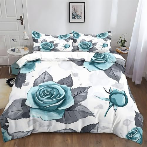 3D Druck Bettbezug Set Graue Blumen in Türkis Mit Reißverschluss Polyester Mikrofaser Bettbezug Mit Kissenbezug Bettwäsche Für Jungen Mädchen Chlafzimmer Gästezimmer 135 x 200 cm