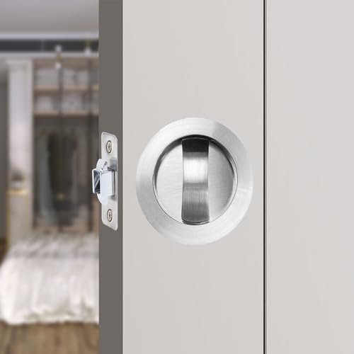 Hoconnie Serratura per Porta a Scomparsa Senza Chiave Serratura per Porta Scorrevole Invisibile Maniglia da Incasso 66mm (Rotondo, Argento)