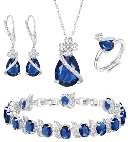 EVER FAITH 4 Stk Klee-Schmuck-Set Birne geformt Cubic Zirkonia Halskette Ohrringe Tennis Armband Ring-Sets formale Schmuck Geschenk für Damen