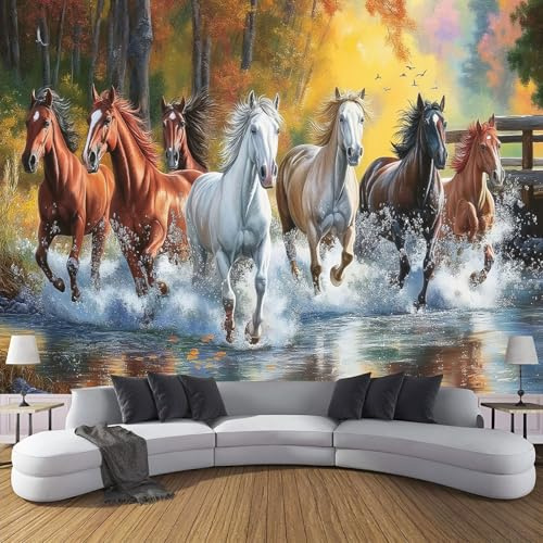 Fotomural Tela de seda para Pared Caballos Salvajes Corriendo - Pintura Al Óleo De Animales Mural para paredes Fotomural Decorativo, 400x280cm Decoración comedores Salones Habitaciones