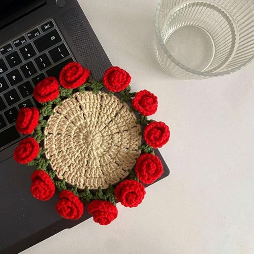 tkerinse Blumengehäkel-Untersetzer, Crochet Flower Blanket Coasters, 7.8in Rose Bouquet Untersetzer, handgefertigte Häkeluntersetzer, DIY Floral Häkeln Untersetzer Geschenke für Frauen Muttertag