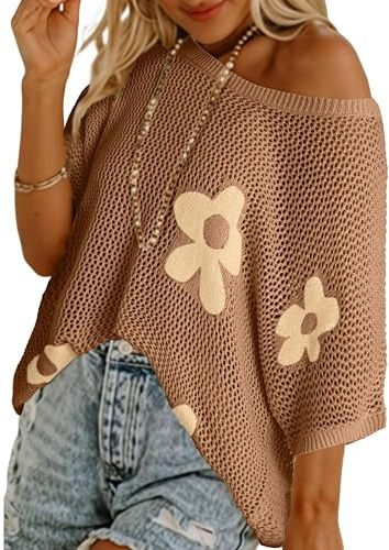 SELINK Flower Crochet Tops for Women Short Sleeve Hollow Out Sweaters Swimsuit Cover Ups Lightweight Knit Pullover Brown-L