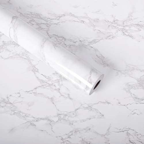 Peel and Stick Wallpaper Marble Sticky Back Plastic White Grey Vinyl Wrap Self Adhesive Wallpaper Marble Contact Paper Waterproof Wallpaper for Bathroom Kitchen Countertop Furniture 44.5cmX10m