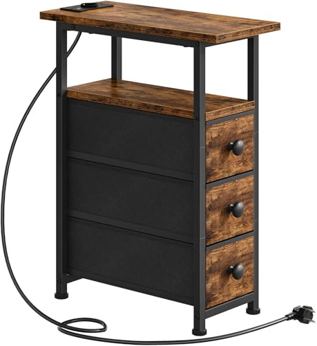 HOOBRO Table de Chevet avec Multiprise, 1 Prise et 2 Ports USB, Table d’Appoint avec 3 Tiroirs, Bout de Canapé avec Rangement, Petit Espace, Salon, Chambre, Marron Rustique et Noir EBF482CBZ01