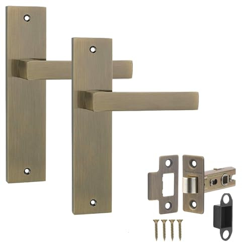 Decoranddecor Lumina Antique Brass Internal Door Handles with Latch Kit | Antique brass interior door handle set with fire rated tubular mortice latch kit, brushed backplate lever, lockable
