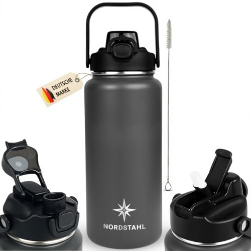 NORDSTAHL Thermosflasche 2L | Isolierflasche 2L | Trinkflasche 2L Edelstahl | 2-in-1 Deckel mit Strohhalm | 100% Spülmaschinenfest | 24h eiskalt & 6h heiß | BPA-frei & auslaufsicher