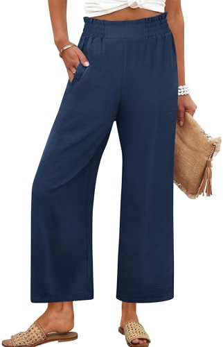 ANRABESS Womens Wide Leg Palazzo Pants Summer Beach High Waisted Cropped Flowy Pants 2026 Dressy Casual Trousers with Pockets Navy Blue Medium