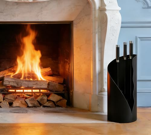 Calidola Fireplace Tools Set with Stand – 4-Piece Fire Tool Set with Stainless Steel & Iron Hybrid Handles – Shovel, Brush & Poker – Powder Coated Black Finish – 52.5cm Tall