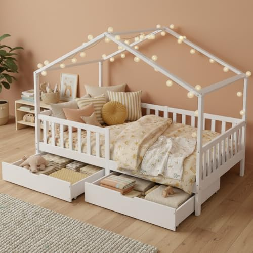 Bellabino Bia Kinderbett 120x200 cm, Hausbett, Weiß, 2 Schubladen, Stauraum | Montessori Holzbett aus Massivholz Kiefer, mit Rausfallschutz, mit Lattenrost, Jungen & Mädchen, Bettgestell, Kinderzimmer