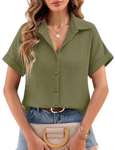 heekpek Camicia Donna Elegante Blusa Estiva Cotone T Shirt con Scollo a V Casual Maglia Manica Corta Maglietta Camicie Estive Top, Verde Militare, XL