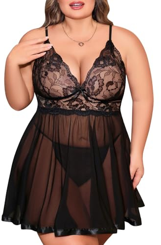 UMIPUBO Lingerie Donna Sexy Intima Pizzo Babydoll Completo Camicia da Notte Scollo a V Vestito Trasparente con Seducente Perizoma Taglia Plus Xl-4Xl Abito (Nero, XL)