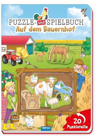 TRÖTSCH - Puzzle- und Spielbuch Auf dem Bauernhof | Liebevoll illustriertes Puzzlebuch mit einer Bauernhofgeschichte: Kinderbuch mit detailreichen Szenen und spannenden Suchspielen | Ab 3 Jahren