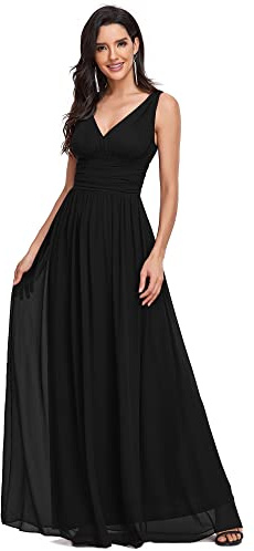 Ever-Pretty A-línea Largo Vestito de Gala Corte Imperio Cuello en V sin Mangas para Mujer Negro 54