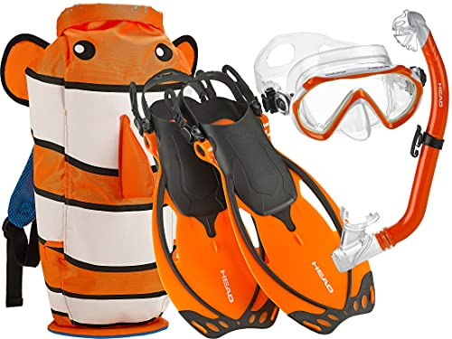 Mares Head 480315SFCLFSM Premium Youth Sea Pals Snorkel Mask and Fins Snorkeling Set with Tempered Glass Lens, Orange, Medium Size, Clown Fish, Small/9-13