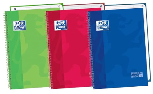 Oxford, Cuadernos A4, Pack de 3 Libretas A4 Microperforadas Europeanbook 1, Tapa Extradura, Espiral, A4+, Cuadrícula 5x5, Colores Vivos