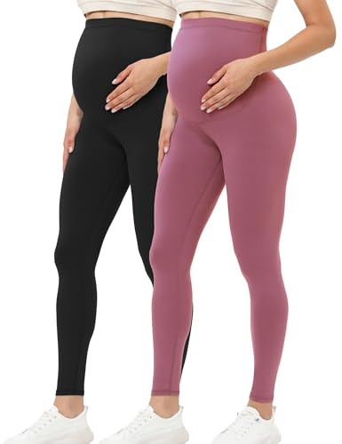 Buttergene Leggings de Maternidad para Mujer, para Embarazo, Ropa Activa, Entrenamiento, Yoga, Pantalones, Paquete de 2 Negro/Rosa Oscuro, XL