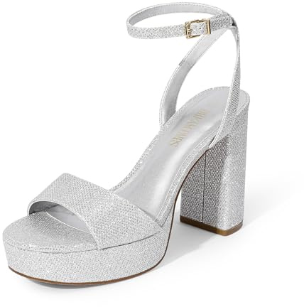 DREAM PAIRS Platform High Heels for Women Chunky Round Open Toe Ankle Strap Stylish Heeled Sandals for Party Prom Wedding,Size 7,Silver-Glitter,SDHS2423W