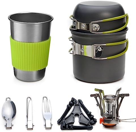 DEEDAV Camping Kochgeschirr Camping-Kochsets, Tragbar Und Faltbar, Kochgeschirr-Set, Herd, Utensilien, Werkzeug, Ofen, Topf, Pfanne, Geschirr Wandern Trekking (Color : Grün, Size : 8pcs)