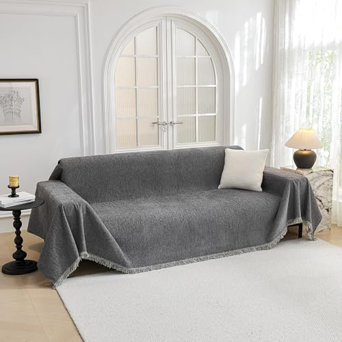 MYSKY HOME Couch Cover for Dogs, Washable Couch Covers, Non Slip Sofa Cover, Couch Cover 2 Cushion Sofa Dogs Furniture Protector with Tassels, Chenille Sofa Slipcover for Pets, 71x118, Dark Grey