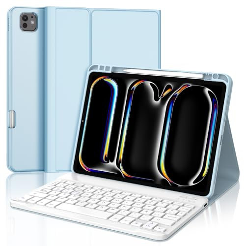 Funda con Teclado para iPad Pro 11'' (M4) 2024, Teclado Bluetooth Inalámbrico Desmontable con Funda Protectora Delgada y Ranura para Bolígrafo para iPad Pro 11 Pulgadas (5th Gen) 2024, Azul Claro