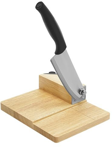 HUSPOO Manual Biltong Cutter, Household Meat Slicer w/Oak Cutting Board and Rubber Wood Base, Stainless Steel Meat Cutter Use for Corn, Rice Cake, Nougat, 220x180x60 mm