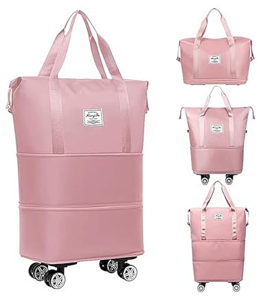Faltbare Reisetasche mit Rollen – Handgepäck-Spinner, 4 multidirektionale Rollen, erweiterbarer Reisetrolley for Flughafen/Wandern/Geschäftsreise(Pink)