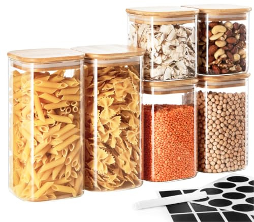 KIMIJO Vorratsgläser 6er Set - je 2x 1500, 1150 & 750ml - eckig, luftdicht & stapelbar - LFGB geprüft & BPA-Frei - Borosilikatglas mit Bambusdeckel - Glasbehälter für Küche, Kaffee & Trockentierfutter