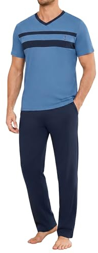 Marvmys Pijama Hombre Algodon Conjunto de Pijama Hombre Cuello en V Camiseta Manga Corta y Largos Pantalones con Bolsillos y Cordón