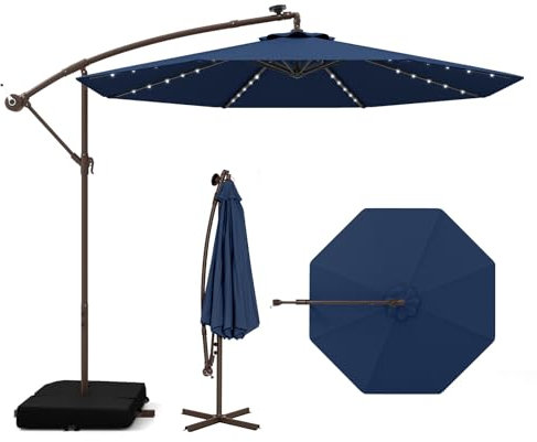COSTWAY Sombrilla Terraza Exterior con Base, Parasol Excentrico 3x3 con 40 Luces LED, Sombrilla Jardin Inclinable con Manivela, Patio, Jardín, Terraza, Piscina, Playa (azul)