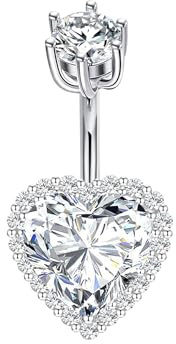 LAURITAMI Piercing para ombligo de plata de ley 925 de 14 g, 6 mm, 8 mm, 10 mm, corazón grande, circonita cúbica, piercing para el ombligo, joyería corporal, Plata de ley