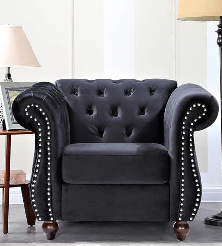Container Furniture Direct Feinstein Modern Velvet Chesterfield Couches for Living Room with Nailheads, Diamond Tufting & Durable Metal Frame, Chair, Black