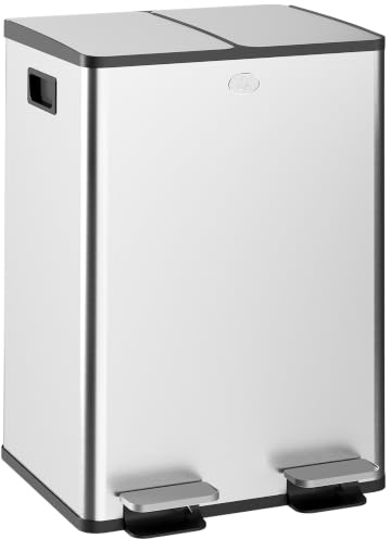 HOMCOM Dual Kitchen Bin 2 x 28L Stainless Steel Soft Close Lid Silver Tone | Double Rubbish Bin, Removable Inner Buckets, Fingerprint-Proof, for Recycling and Waste