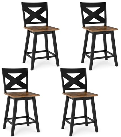 COSTWAY 24 Swivel Barstools Set of 4, Rubberwood Counter Height Chairs with Backrest & Large Seat, 360° Rotating High Top Seats with Footrest for Kitchen Island, Pub (Set of 4: 24'',Black + Walnut)