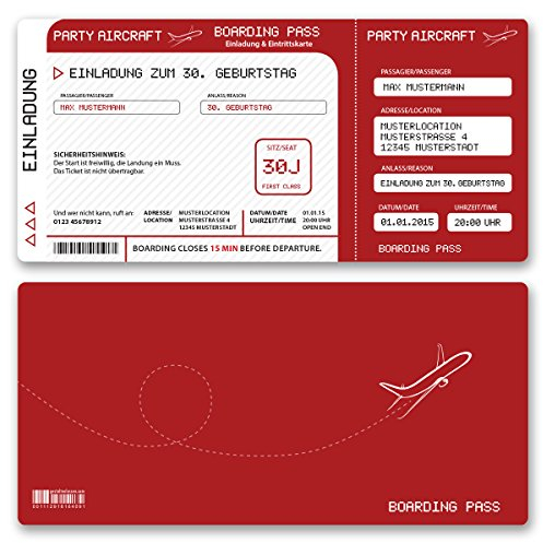 (10 x) Einladungskarten Geburtstag Flugticket Ticket Karte Einladungen in Rot