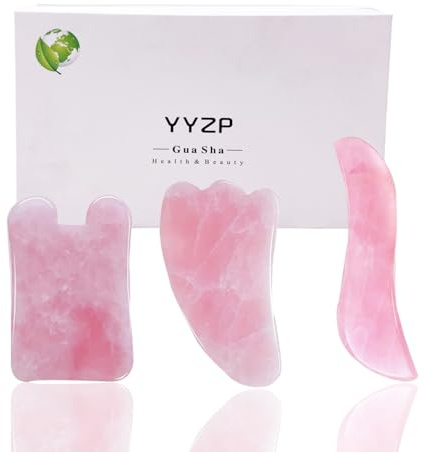Gua Sha Rosenquarz, Die Gesichtspflege 100% Natü Rlicher Guasha Set Gua Sha Stein für Anti-Aging Anti-Faltenlifting your Face (3 Pcs) Pink Rose