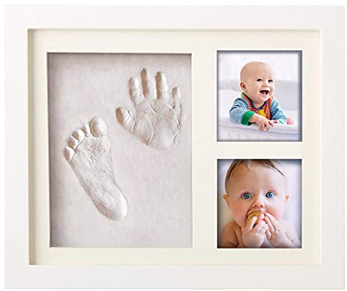Pookie Boo Premium Baby Hand und Fußabdruck Set zum selber machen - mit Echtholz Bilderrahmen, Acrylglas & Platzhalter für 2 Babyfotos - Geschenkidee zu Weihnachten für Kleinkinder, Väter und Mütter