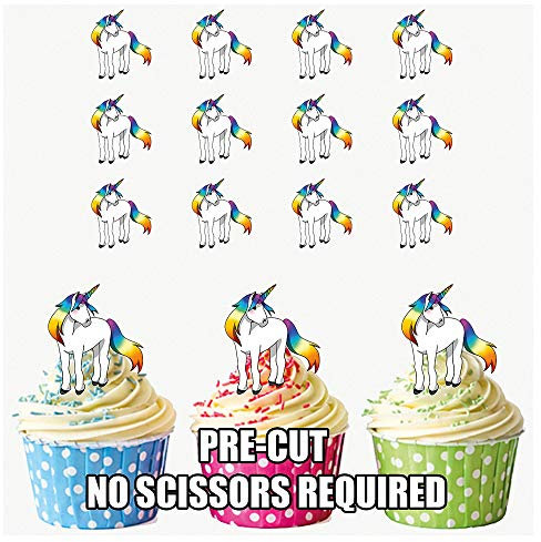 AK Giftshop PRE-CUT Colorful Rainbow Unicorns - Edible Cupcake Toppers/Cake Decorations (Pack of 12)