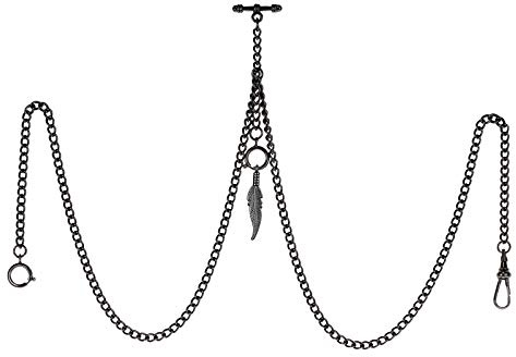 TREEWETO Men's Double Albert Chain Pocket Watch Curb Link Key Chain 3 Hooks with Antique Leaf Pendant Charm Design Copper Fob T Bar, Black, Modern Classic