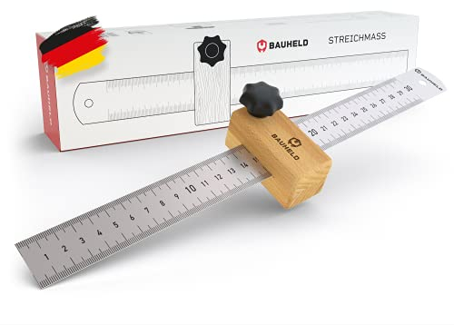 BAUHELD® Streichmaß 300mm [EG-1] - Made in Germany Anreiss-Werkzeug mit Messskala in INCH und CM - Metall Anschlag-Lineal aus rostfreiem INOX Edelstahl - Tischler Streichmass aus Buchenholz