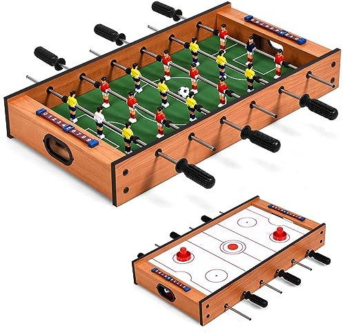 DREAMADE 2 in 1 Multi- Spieltisch, Mini Kickertisch Air Hockeytisch aus Holz & Eisenrohr, Fußballtisch Game Tisch mit Rutschfestem Griff, Tischkicker für die Ganze Familie, für Kinder & Erwachsene