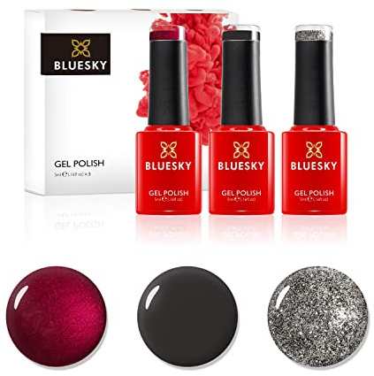 Bluesky Gel Nail Polish Set AW2020 Lady Snow Autumn and Winter 2020 Collection, Set 2-Cosy 3 x 5 ml Red, Grey, Silver, Glitter, Dark (Requires Curing Under UV or LED Lamp)