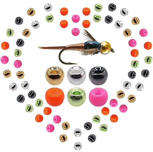 XFISHMAN Fliegenbinden-Köpfe, Messing, 180 Stück, zum Fliegenbinden, Nymphe (3/32 Zoll / 2,4 mm, 6 Farben) 180 Stück