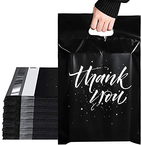 Switory Poly Mailers 12X15,5(305x394mm) 100 Pcs Sacs d'expédition avec poignée Mise à niveau de conception Sacs postaux pour vêtements avec autocollants, sac étanches, le noir(thank you)