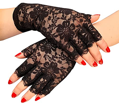 MAKFORT Damen Schwarz Einheitsgröße Spitzen Halb Fingerhandschuhe Sonnenschutz Hochzeitshandschuhe