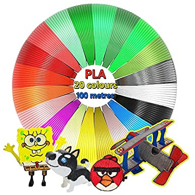 Tocnvoe PLA-filament 1,75 mm, 20 färger, 5 meter per färg, totalt 100 meter, för 3D-penna, 3D-penna, 3D-utskriftsmaterial, miljövänliga och hälsosamma